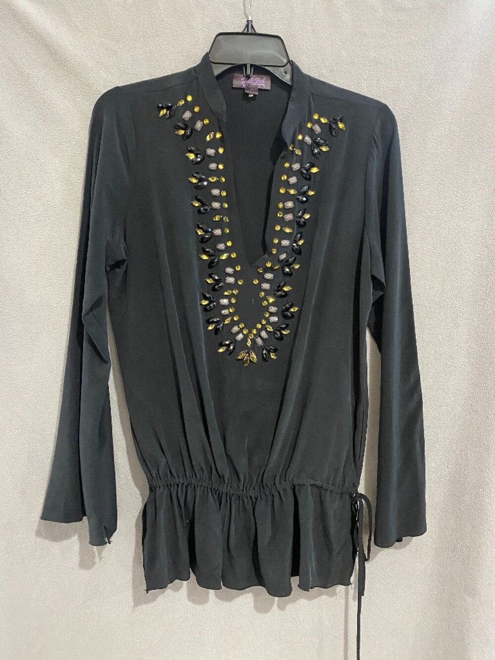 Hale Bob 100% Silk Black Jeweled Beaded V-Neck Tunic Blouse Size S